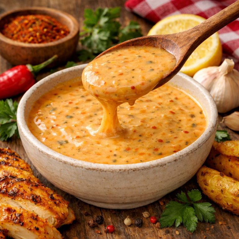 A bowl of cajun cream sauce scooped with a wooden spoon with ingredients surrounding the bowl