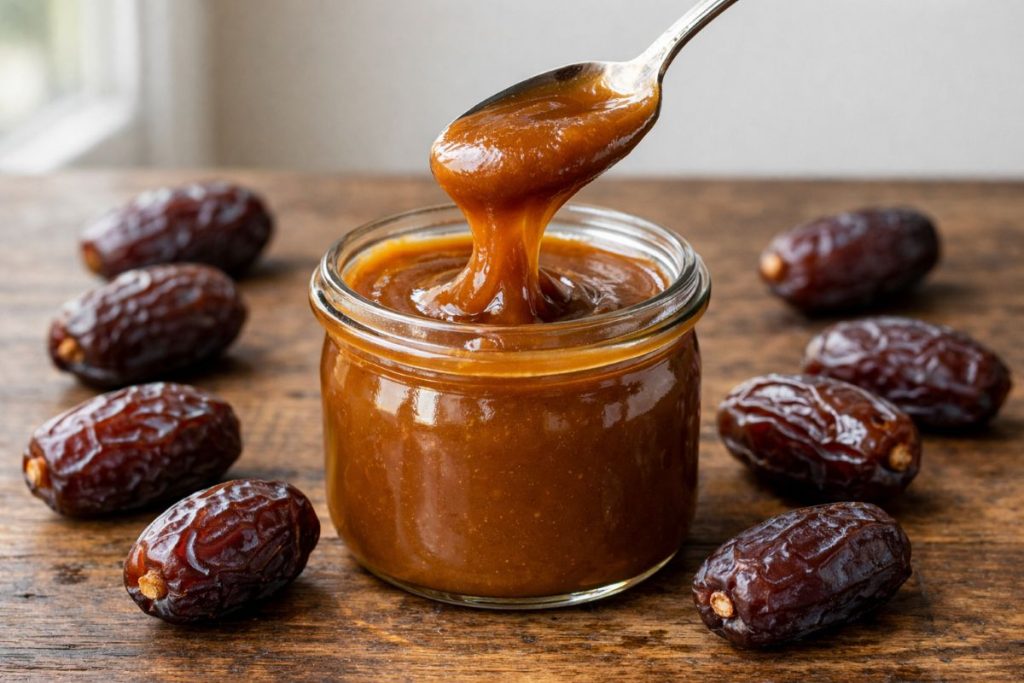 Thick glossy date caramel sauce in a glass jar with a spoon lifting a ribbon of caramel, surrounded by Medjool dates on a rustic wooden table.
