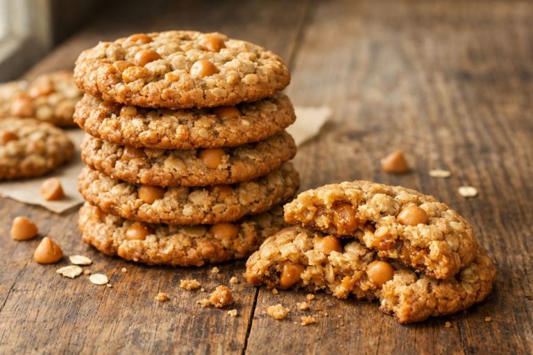 Stack of golden brown oatmeal scotchie cookies with visible oats and melted butterscotch chips on a rustic wooden table.