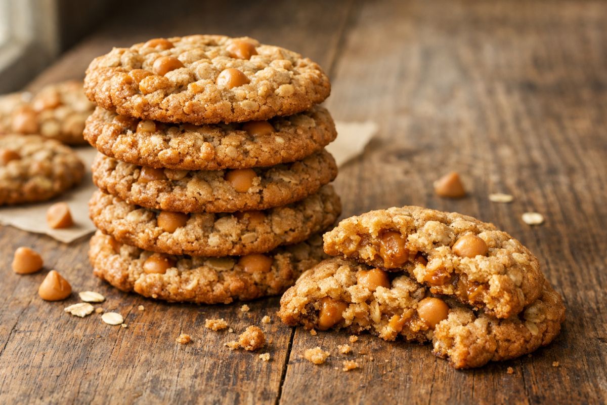 Stack of golden brown oatmeal scotchie cookies with visible oats and melted butterscotch chips on a rustic wooden table.