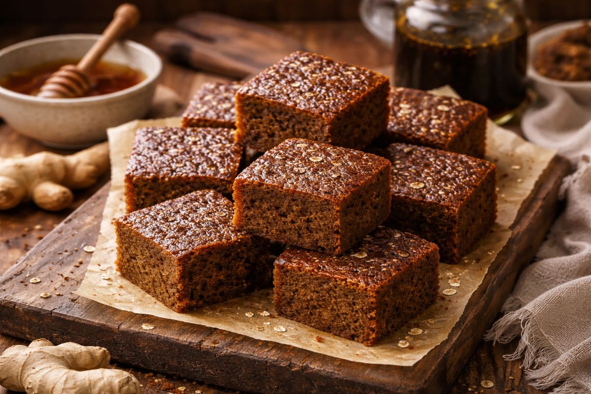 Rustic hero shot of traditional Yorkshire parkin cut into thick square slices, stacked on parchment paper over a wooden board, with oats visible on top and warm natural lighting.