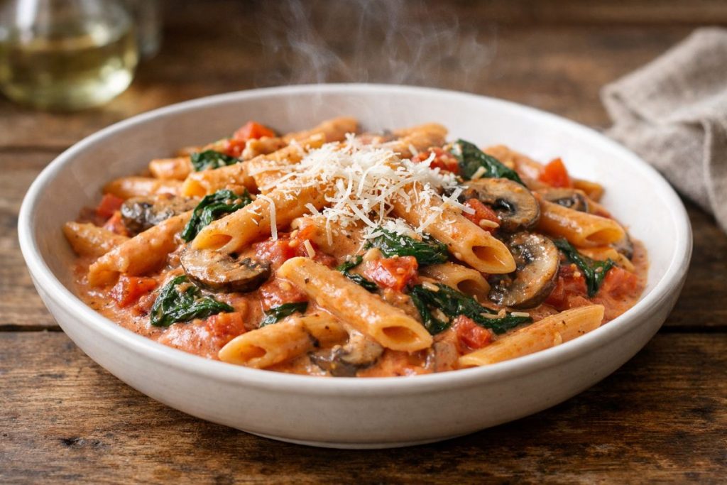 Creamy penne rosa pasta with mushrooms, spinach, diced tomatoes, and grated Parmesan served in a white bowl on a rustic wooden table.