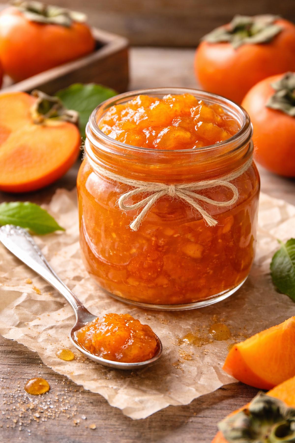 A mason jar of persimmon jam with a spoonful of the jam next to it and leftover ingredients scattered within the frame