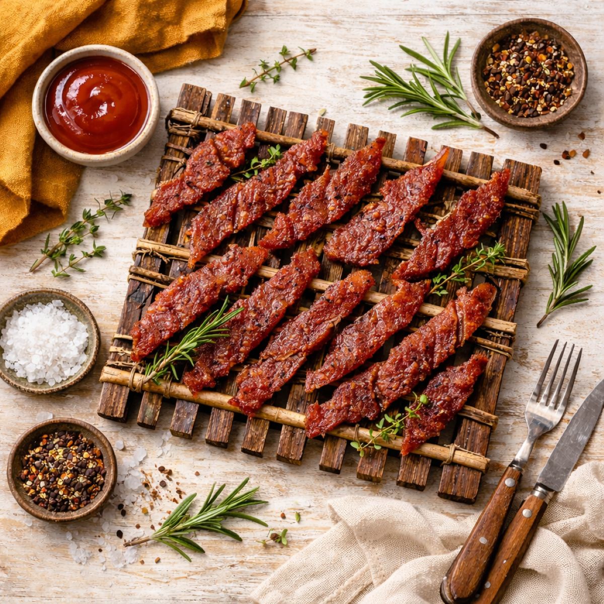 Turkey jerky pieces on a wooden rack with scattered herbs and spices nearby and a napkin cloth on a white background