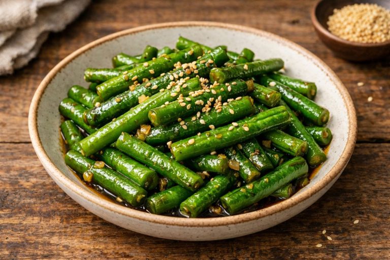 Glossy yard long beans stir-fried with oyster sauce and garlic, garnished with toasted sesame seeds in a ceramic bowl on a rustic wooden table.