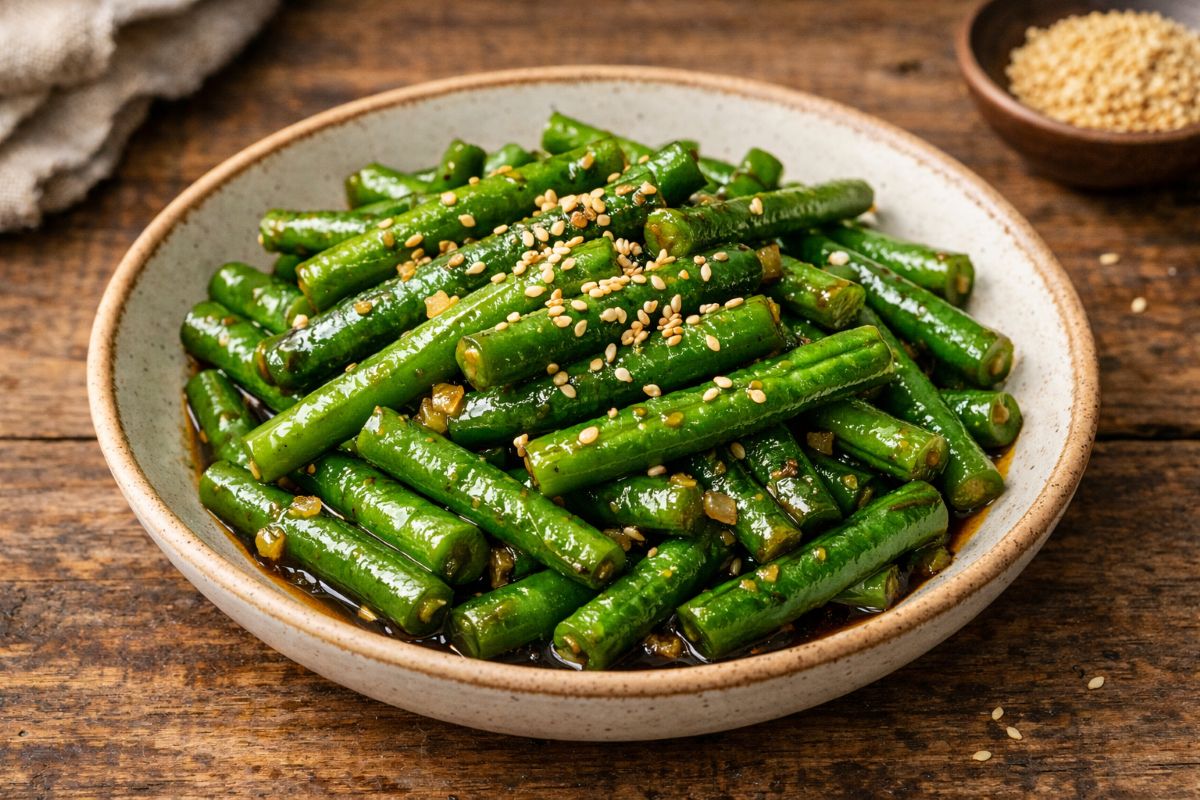 Glossy yard long beans stir-fried with oyster sauce and garlic, garnished with toasted sesame seeds in a ceramic bowl on a rustic wooden table.