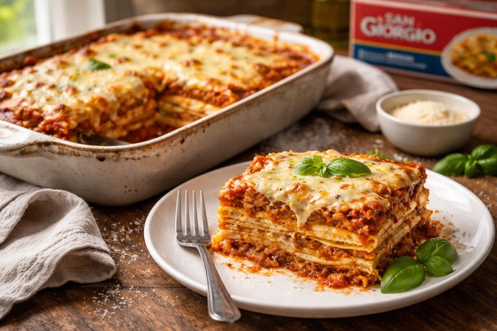 Homemade San Giorgio lasagna in a rustic baking dish with a slice removed, showing thick layers of pasta, meat sauce, ricotta, and melted mozzarella.