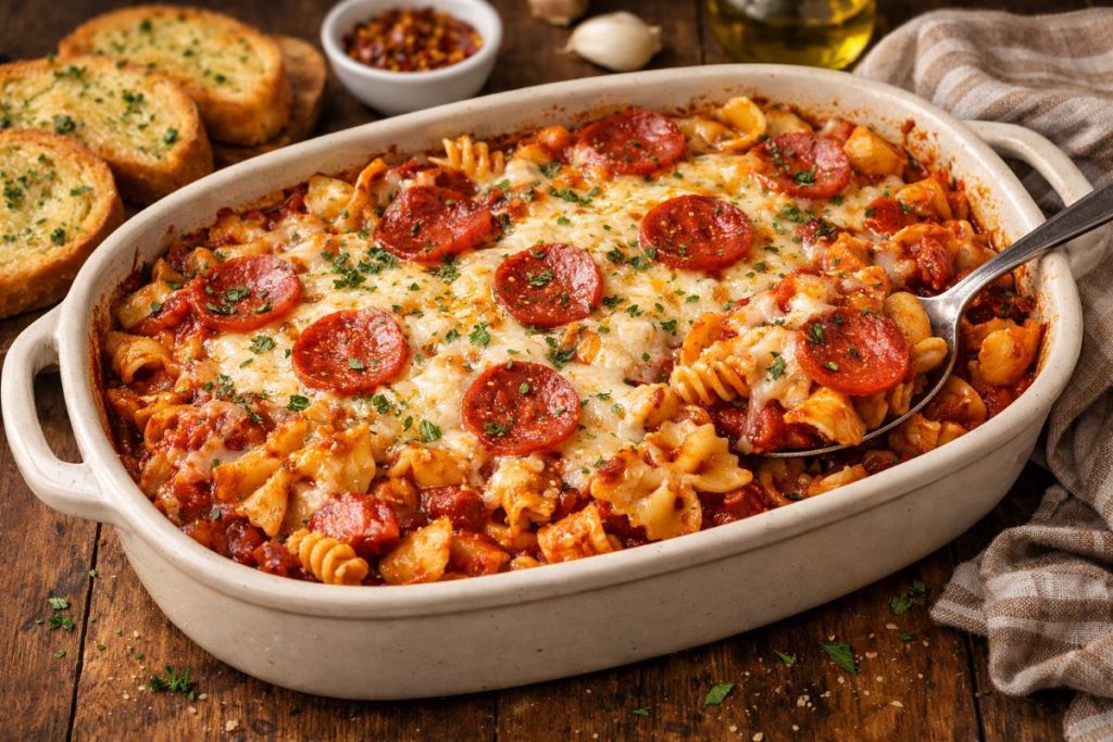 Baked cavatini pasta with mixed noodles, melted cheese, and pepperoni in a casserole dish served with garlic bread on a rustic table