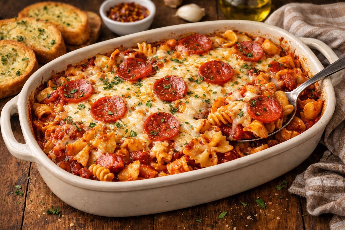 Baked cavatini pasta with mixed noodles, melted cheese, and pepperoni in a casserole dish served with garlic bread on a rustic table