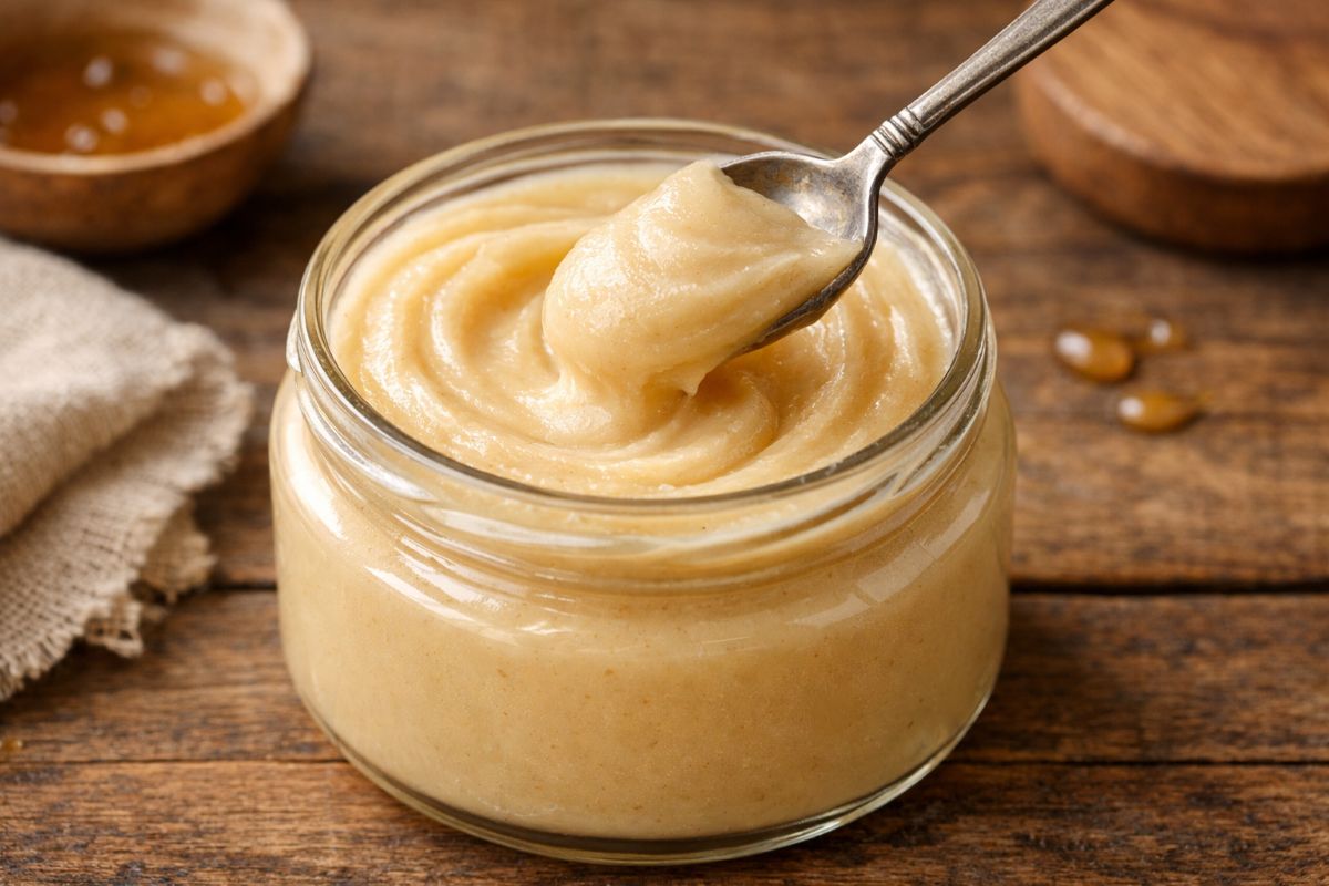 Creamed honey in a glass jar with a smooth, whipped texture and pale golden color, with a spoon showing its creamy consistency on a rustic wooden surface.