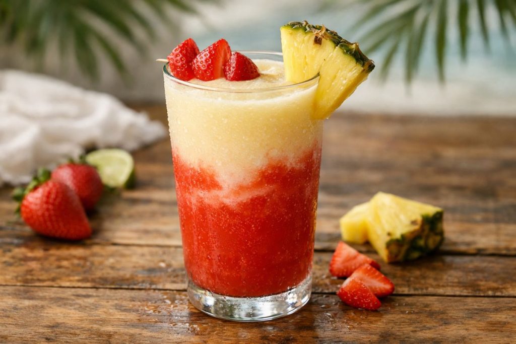 Miami Vice cocktail with layered piña colada and strawberry daiquiri in a glass, garnished with pineapple wedge and fresh strawberries on a wooden table