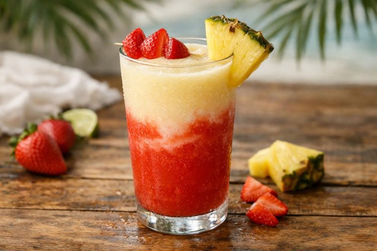 Miami Vice cocktail with layered piña colada and strawberry daiquiri in a glass, garnished with pineapple wedge and fresh strawberries on a wooden table