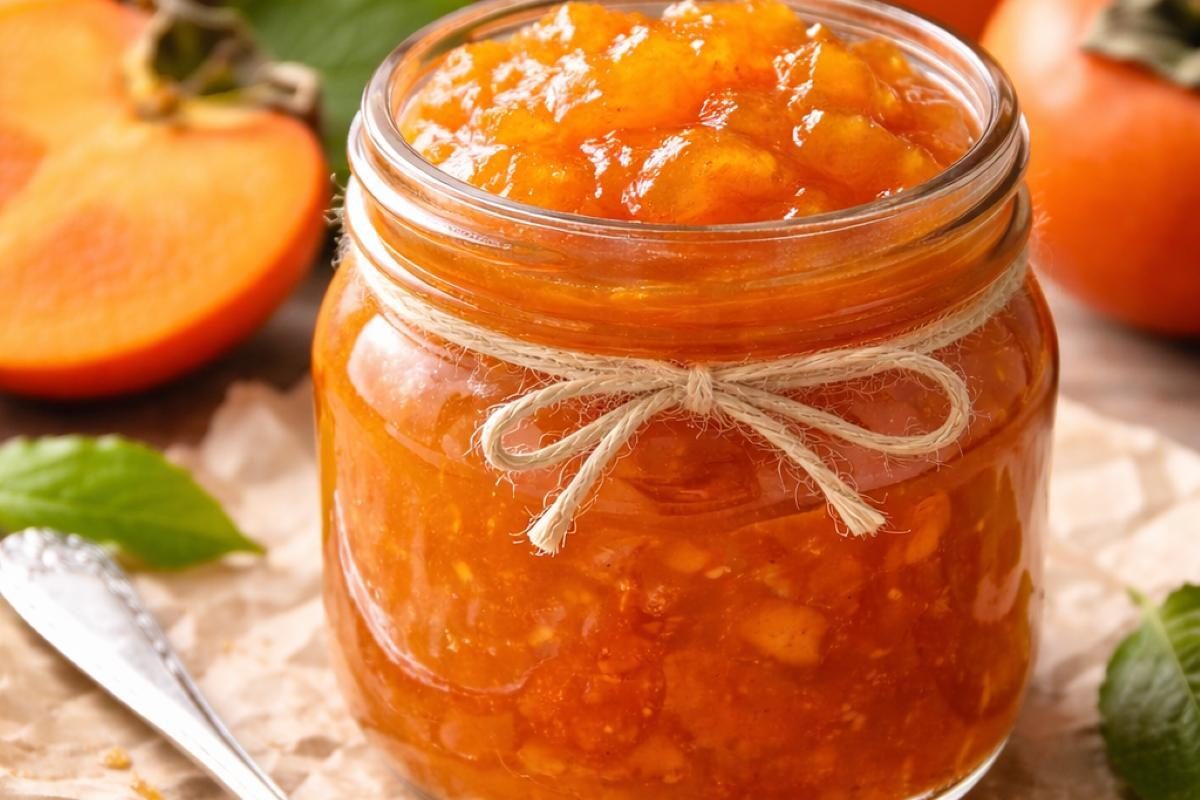 A mason jar of persimmon jam with a spoonful of the jam next to it and leftover ingredients scattered within the frame