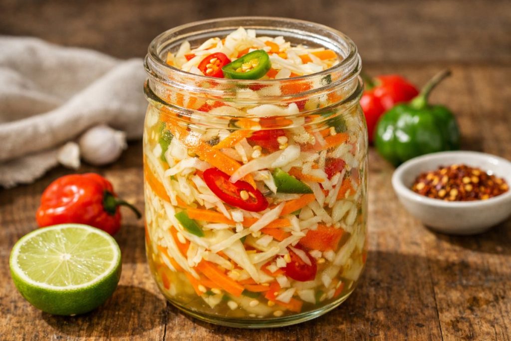 Haitian pikliz in a glass jar with shredded cabbage, carrots, and peppers in a spicy citrus vinegar marinade on a rustic wooden table.