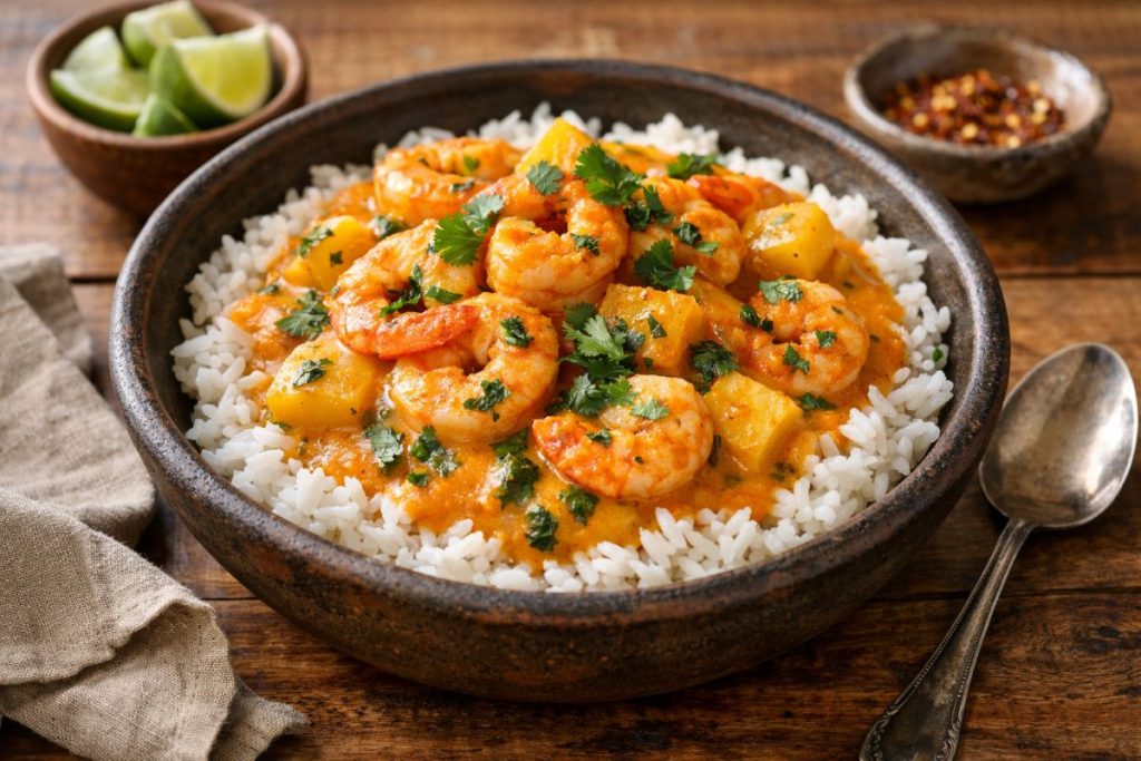 Creamy shrimp stew with coconut milk, potatoes, and fresh cilantro served over white rice in a rustic bowl