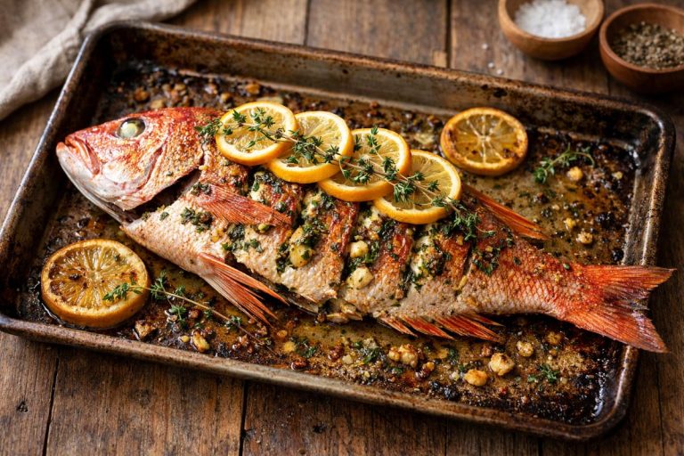 Whole baked red snapper stuffed with garlic herb butter, topped with lemon slices and thyme on a rustic tray.