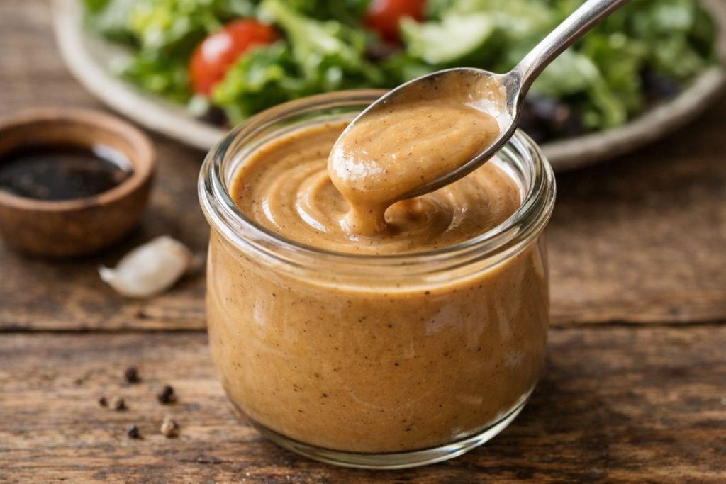 Creamy balsamic vinaigrette in a glass jar with a spoon showing its smooth, thick texture on a rustic wooden surface