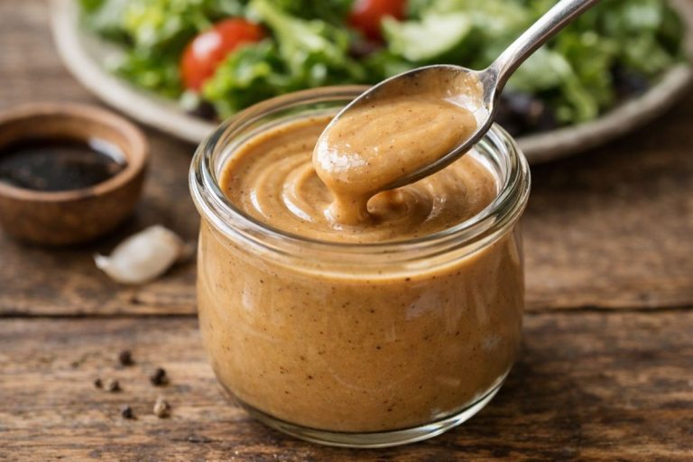 Creamy balsamic vinaigrette in a glass jar with a spoon showing its smooth, thick texture on a rustic wooden surface