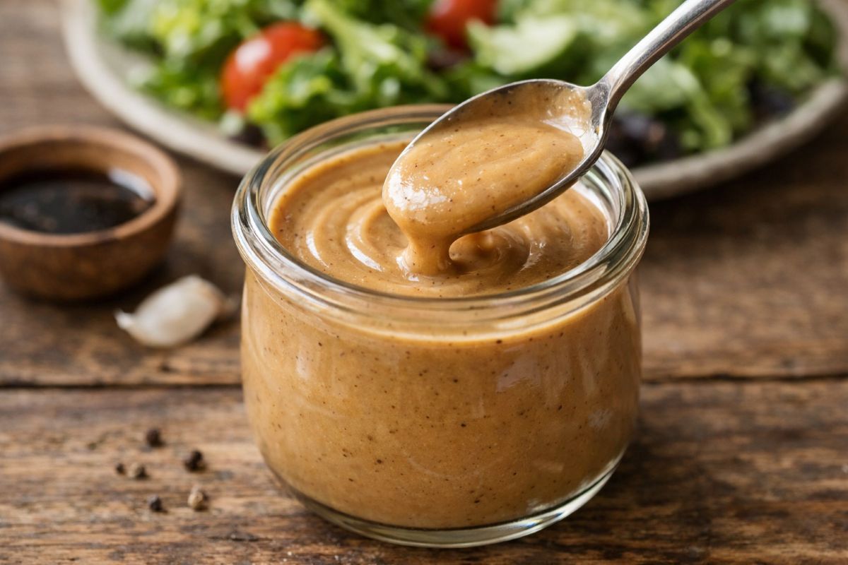 Creamy balsamic vinaigrette in a glass jar with a spoon showing its smooth, thick texture on a rustic wooden surface