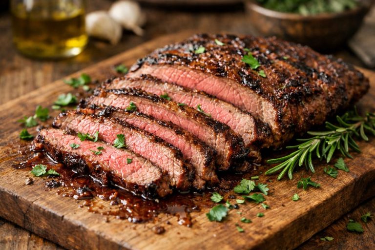 Grilled marinated London broil sliced thin on a wooden cutting board with visible juices and fresh herbs, showing a juicy pink center and charred edges