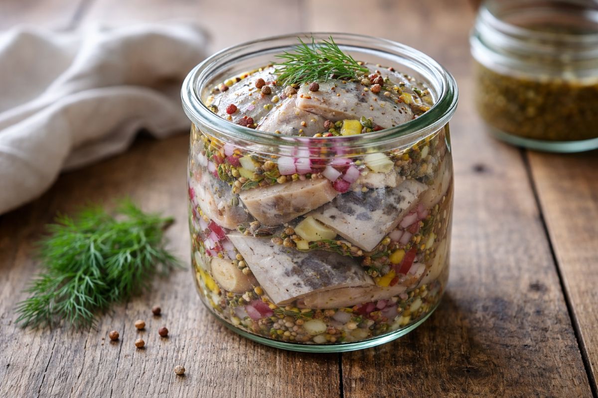 Glass jar of Swedish pickled herring layered with chopped red and yellow onions, fresh dill, and spices on a rustic wooden surface
