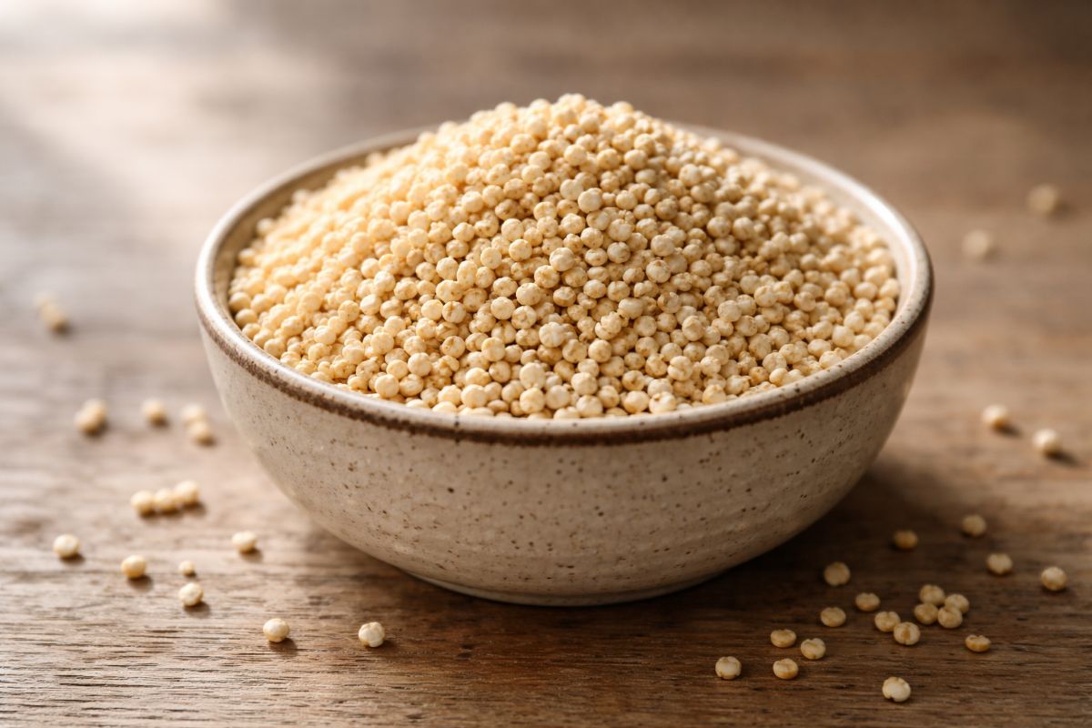 Crispy puffed quinoa in a bowl with scattered grains on a wooden surface, showing light, airy texture and golden color