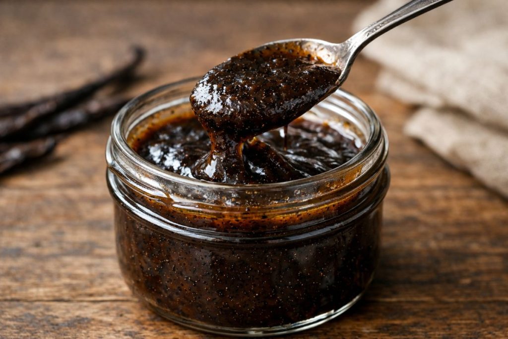 Homemade vanilla bean paste in a glass jar with visible vanilla specks and a spoon showing its thick, glossy texture on a wooden surface