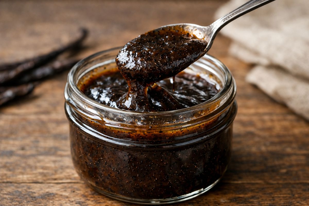 Homemade vanilla bean paste in a glass jar with visible vanilla specks and a spoon showing its thick, glossy texture on a wooden surface