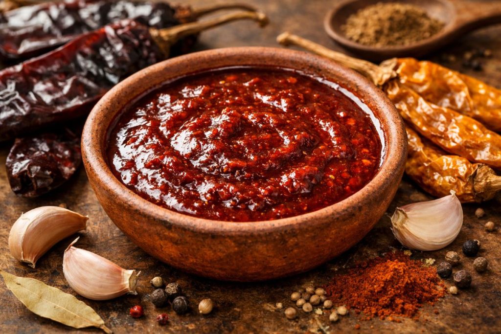 Homemade adobo sauce in a rustic bowl with dried chilies, garlic, and spices, rich red color and smooth texture under warm lighting