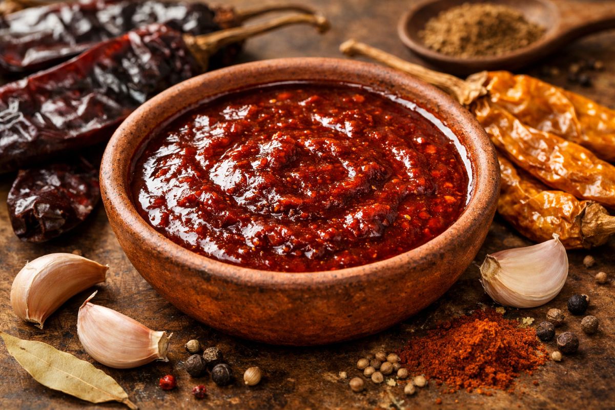 Homemade adobo sauce in a rustic bowl with dried chilies, garlic, and spices, rich red color and smooth texture under warm lighting