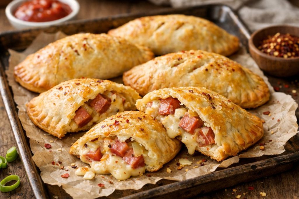 Golden brown Alabama hot pockets with flaky crust and a creamy cheesy filling made with kielbasa and onions on a parchment-lined tray