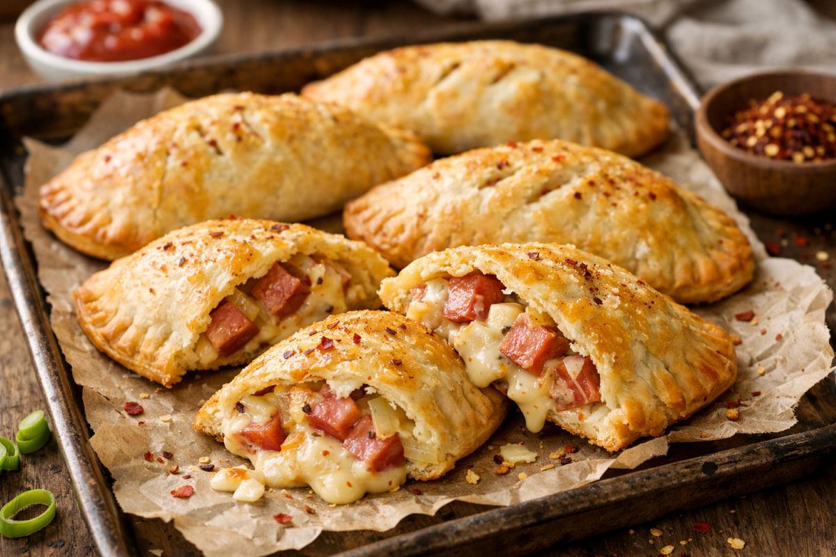 Golden brown Alabama hot pockets with flaky crust and a creamy cheesy filling made with kielbasa and onions on a parchment-lined tray