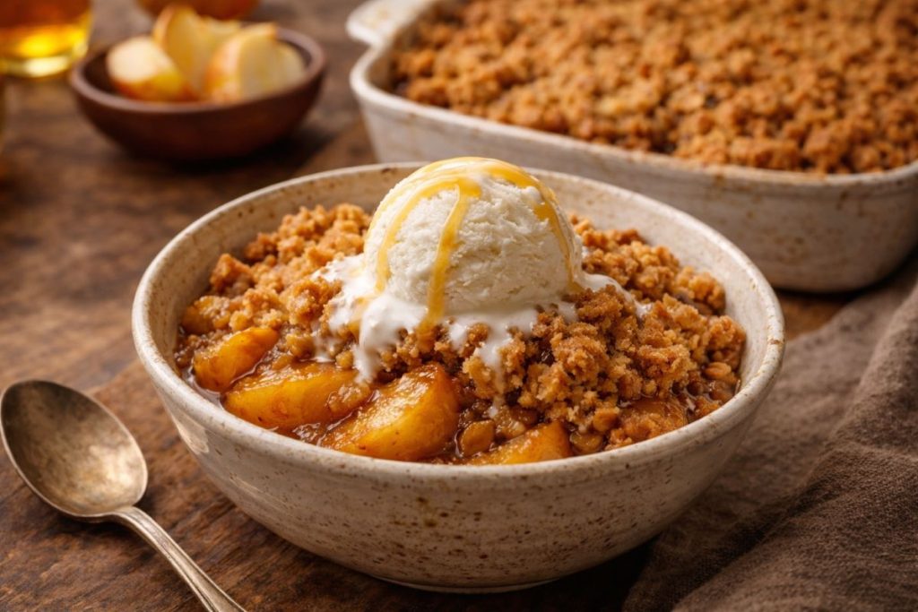 Apple crisp without oats with golden crumb topping and soft cinnamon apples served with vanilla ice cream