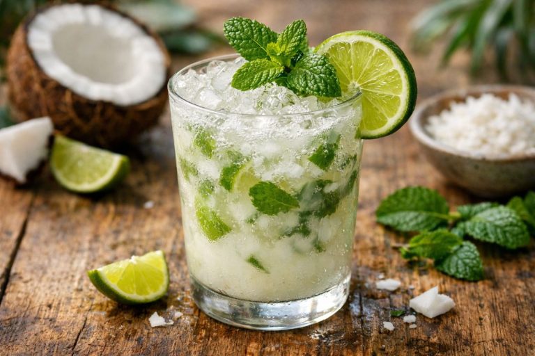 Coconut mojito with lime chunks, mint leaves, and creamy coconut drink over ice in a clear glass garnished with lime slice and mint