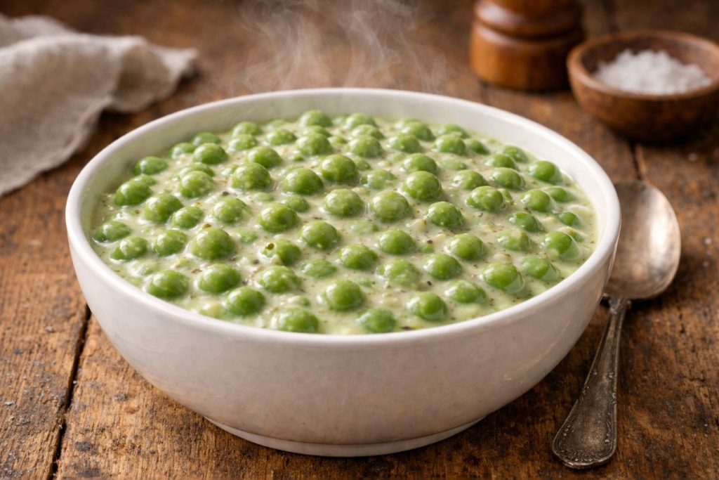 Creamy peas in a white bowl with thick homemade sauce, rustic presentation on a wooden table with soft natural lighting