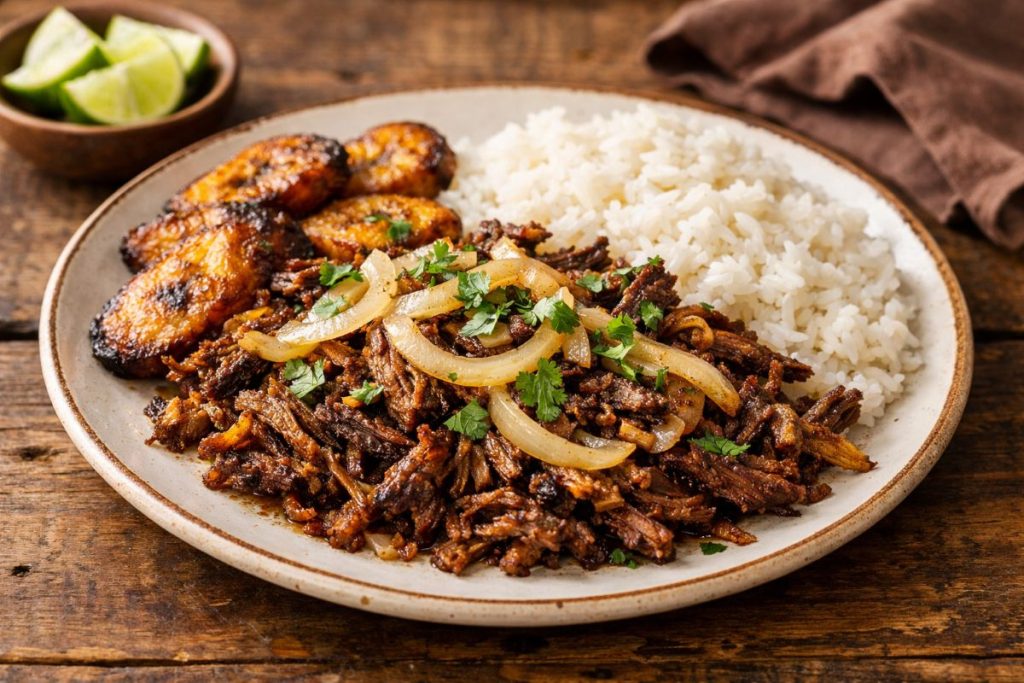 Crispy shredded vaca frita beef with sautéed onions and cilantro served with white rice and fried plantains on a rustic plate