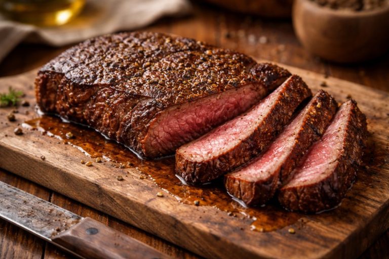 Perfectly seared Denver steak sliced on a wooden board showing a juicy pink center with a golden crust