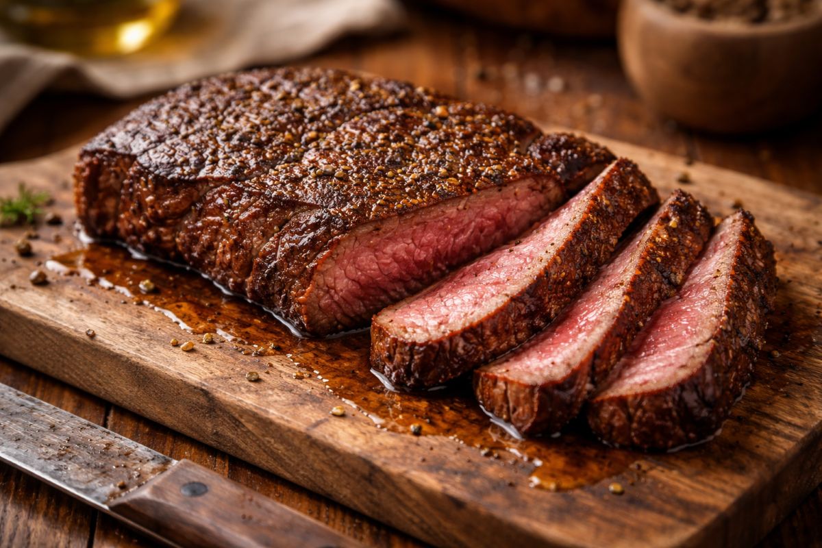 Perfectly seared Denver steak sliced on a wooden board showing a juicy pink center with a golden crust