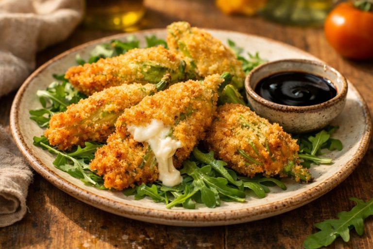 Crispy fried squash blossoms stuffed with melted mozzarella and ricotta, topped with arugula and served with balsamic glaze on a rustic plate