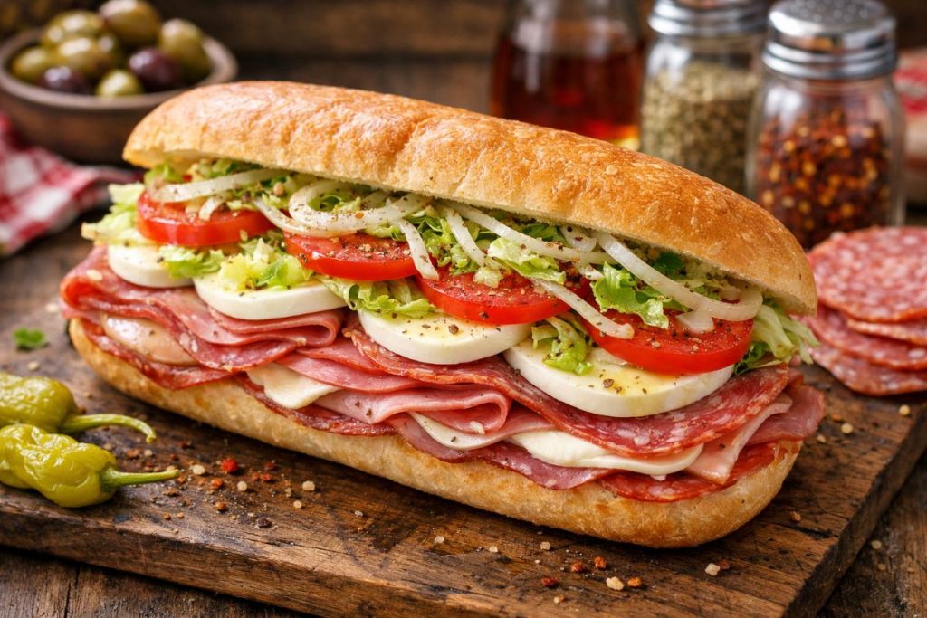 Italian hoagie sandwich layered with capicola, mortadella, salami, provolone, mozzarella, lettuce, tomatoes, and onions on a hoagie roll