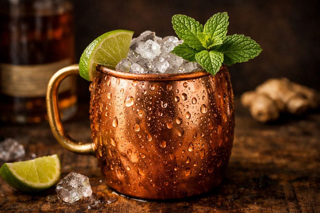 Kentucky mule cocktail in a copper mug with ice, lime wedge, and fresh mint garnish on a dark background