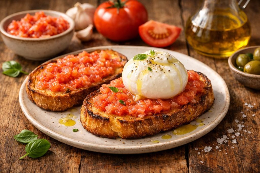 pan con tomate: Crispy garlic-rubbed toast topped with fresh grated tomato and olive oil, with optional burrata, served on a rustic wooden table