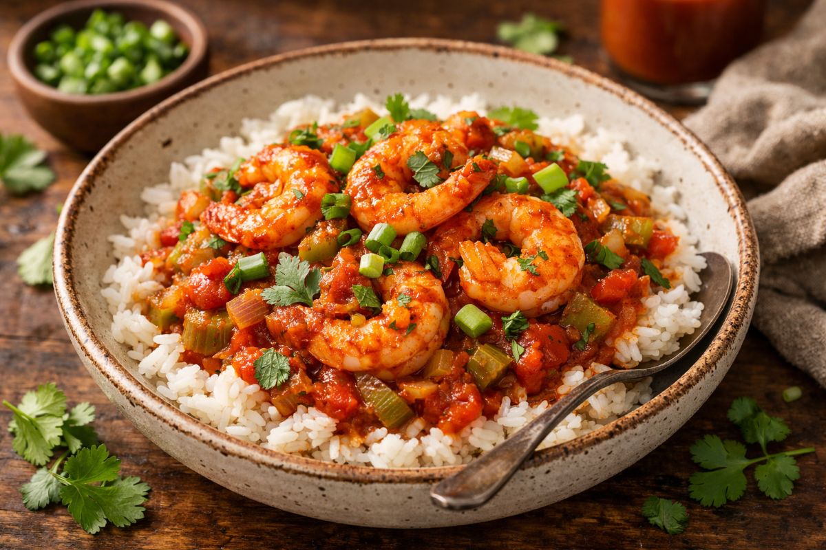 Prawn creole with prawns in a rich tomato sauce served over white rice garnished with cilantro and green onions