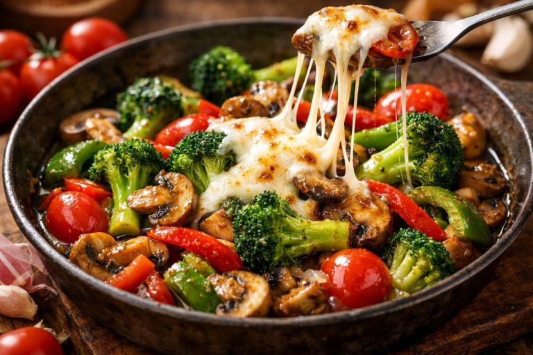 Broccoli and mushroom stir-fry with cherry tomatoes, bell peppers, and melted mozzarella cheese in a light sauce, served in a rustic dish