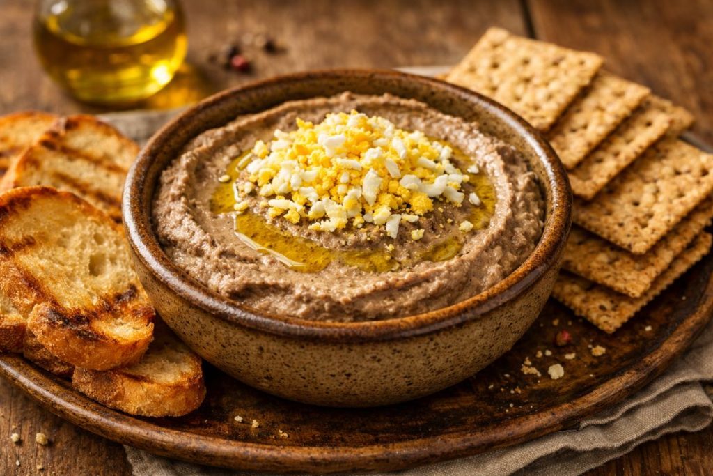 Creamy chopped chicken liver spread topped with grated boiled eggs, served with toasted bread and crackers in a rustic setting