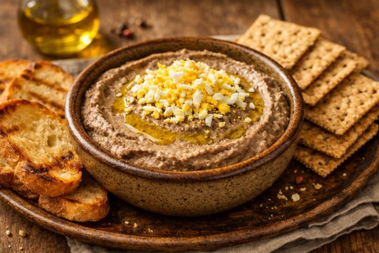 Creamy chopped chicken liver spread topped with grated boiled eggs, served with toasted bread and crackers in a rustic setting