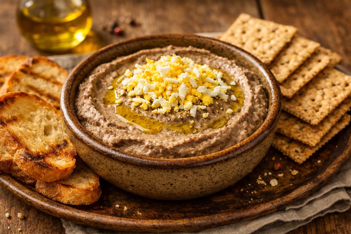 Creamy chopped chicken liver spread topped with grated boiled eggs, served with toasted bread and crackers in a rustic setting