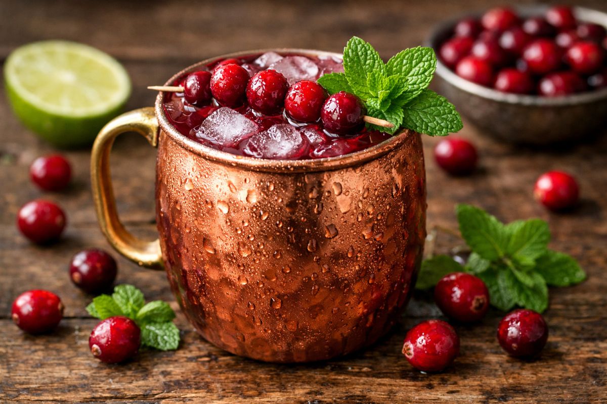 Cranberry mule cocktail in a copper mug with ice, garnished with fresh cranberries and basil on a rustic wooden surface