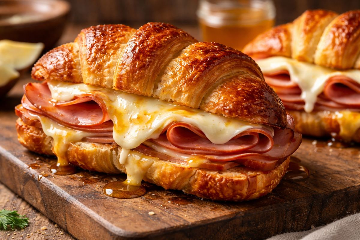 Golden croissant sandwich filled with ham and melted cheese, topped with a glossy honey butter glaze and served on a rustic wooden board