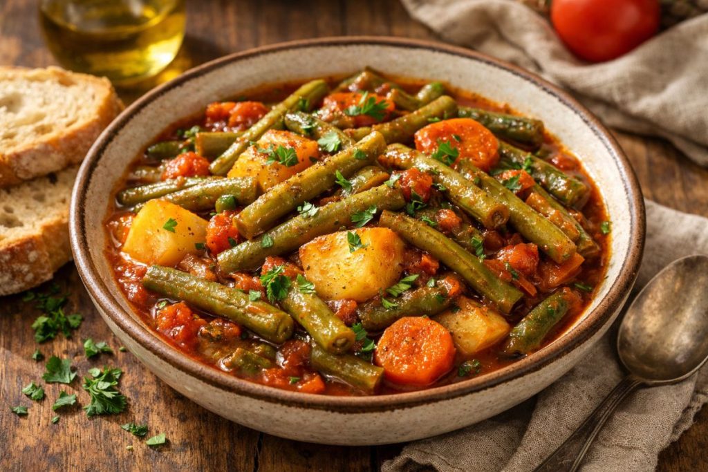 Fasolakia with green beans and potatoes in tomato sauce garnished with parsley served in a rustic bowl with crusty bread